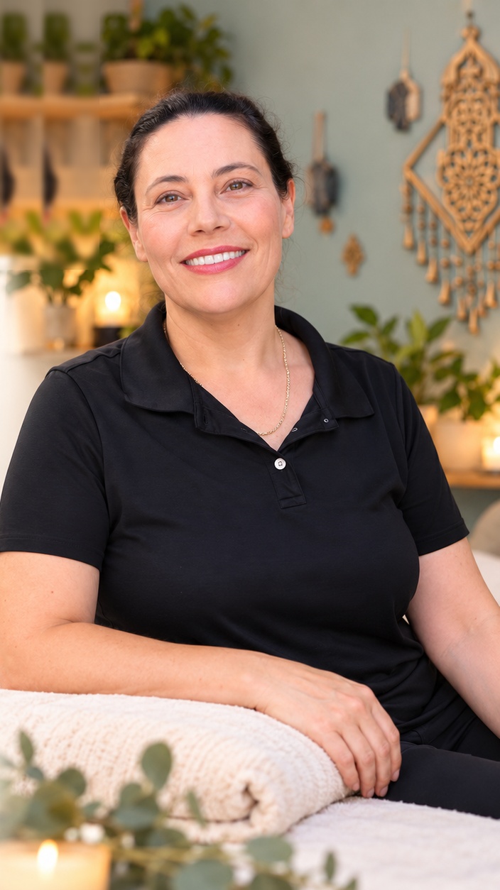 Hilla Matas-Magen smiling in her Hamsa Care massage studio